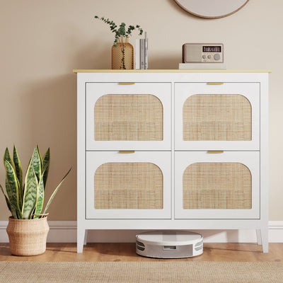HOMCOM Narrow Shoe Cabinet, Boho Slim Shoe Storage Cabinet with 4 Flip Drawers, Holds 20 Pairs, White 