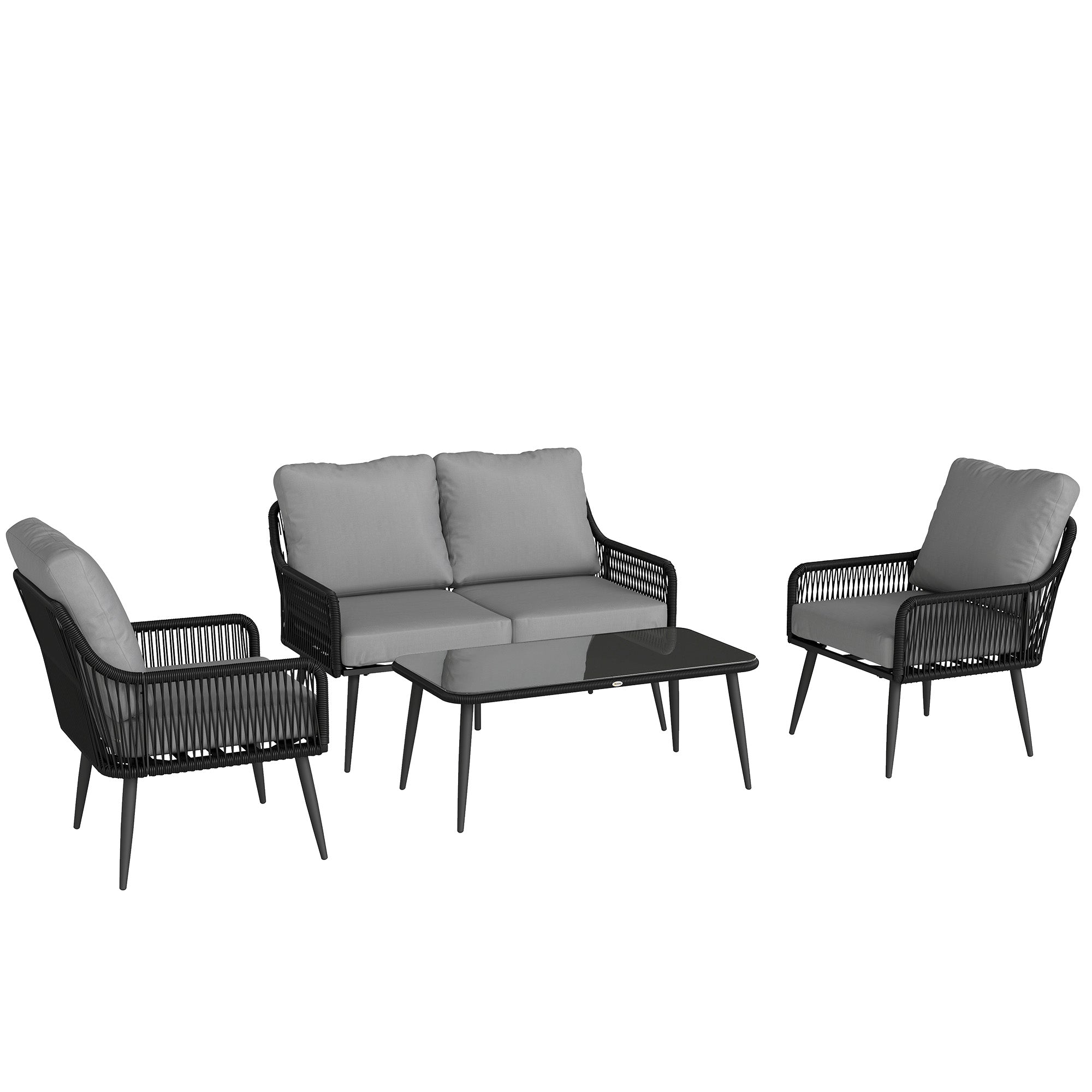 Outsunny Rattan Garden Furniture Set, 4 Piece Outdoor Patio Furniture with Tempered Glass Table and Chairs, Indoor Balcony Conservatory Set 