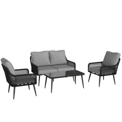 Outsunny Rattan Garden Furniture Set, 4 Piece Outdoor Patio Furniture with Tempered Glass Table and Chairs, Indoor Balcony Conservatory Set 
