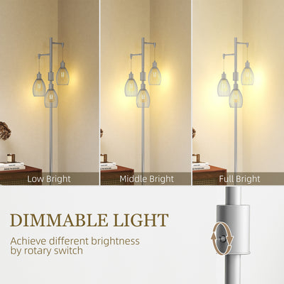 HOMCOM 3-Light Floor Lamp, 170cm Industrial Dimmable Standing Lamp with Steel Wire Cage Lampshades for Living Room, Bedroom, Dining Room, Study, Silver Tone 