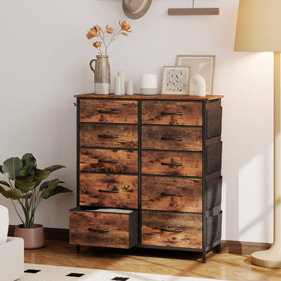 HOMCOM Chest of Ten Fabric Drawers - Rustic Brown 