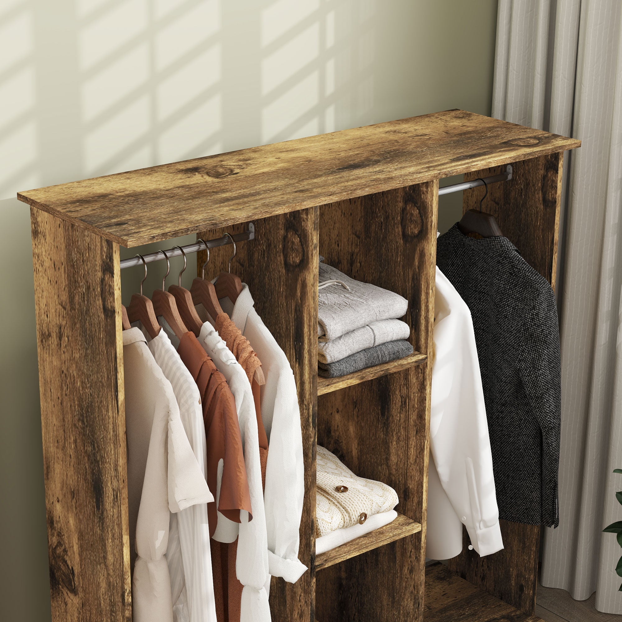 HOMCOM Open Wardrobe Double Mobile Storage Shelves Organizer W/6 Wheels-Rustic Brown 