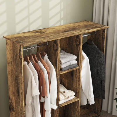 HOMCOM Open Wardrobe Double Mobile Storage Shelves Organizer W/6 Wheels-Rustic Brown 
