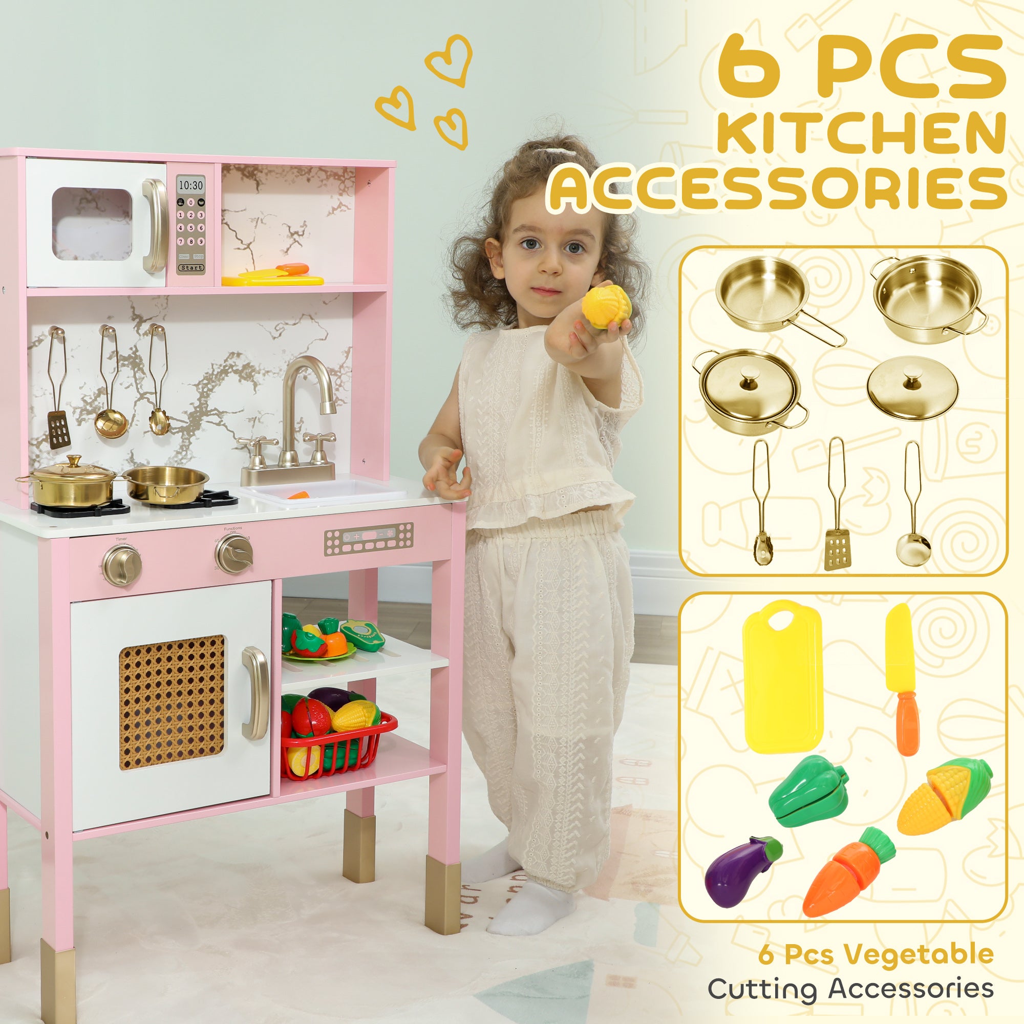 AIYAPLAY Kitchen Playset with Pretend Play Cooking Accessories, Play Kitchen with Oven, Microwave and Sink, Pink 