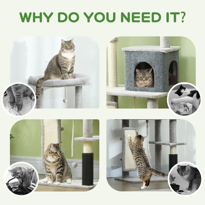 PawHut 132cm Cat Tree w/ Scratching Posts, Pad, Cat Bed, Cat House, Jumping Platform, Grooming Brush, Anti-Tip Kit, Light Grey 