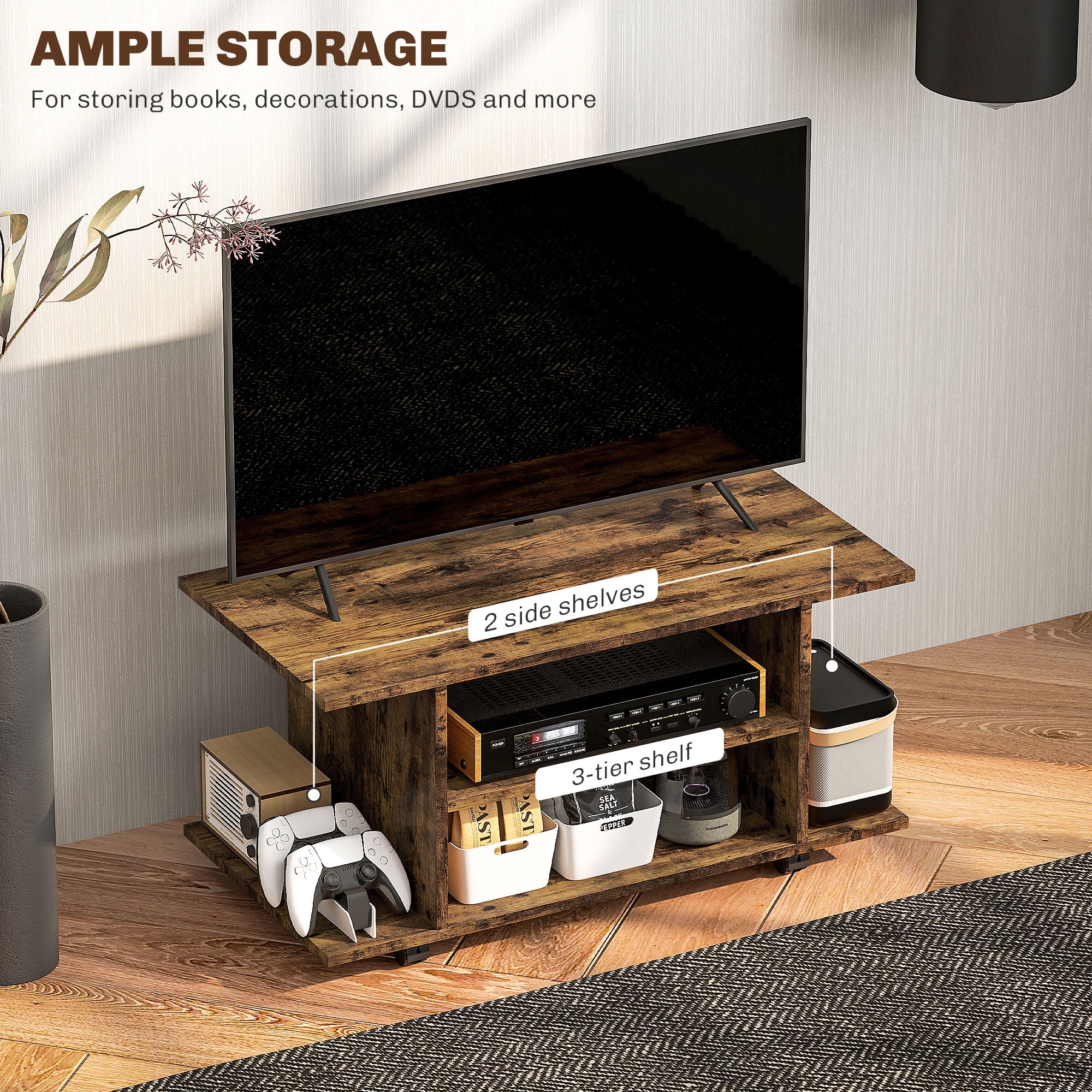 HOMCOM Modern TV Cabinet Stand Storage Shelves Table Mobile Bedroom Furniture Bookshelf Bookcase Rustic Brown 