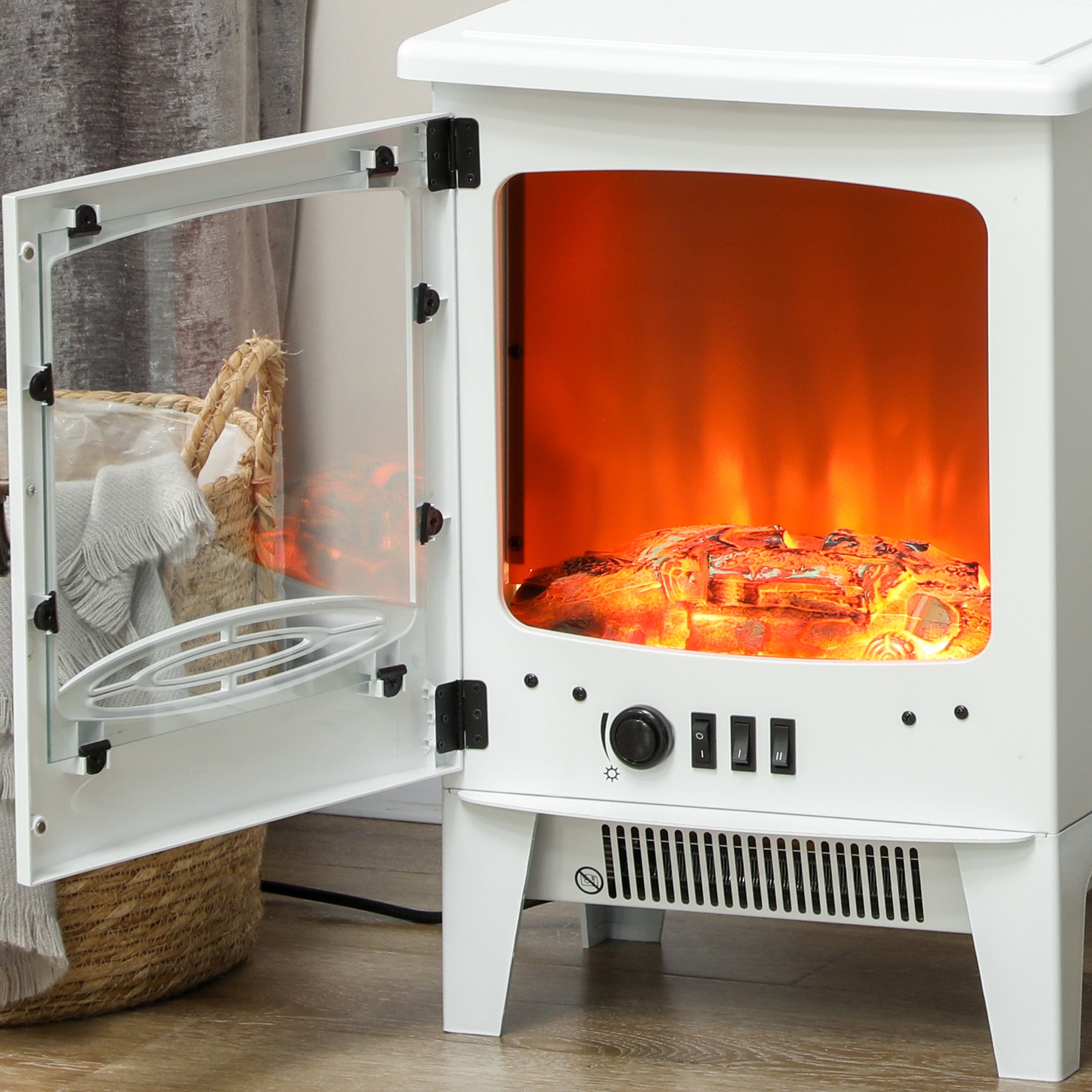 HOMCOM Tempered Glass Casing Electric Fireplace, Freestanding Electric Fire with Realistic Flame Effect, Log Burner with Overheat Protection, 950w/ 1850W, White 