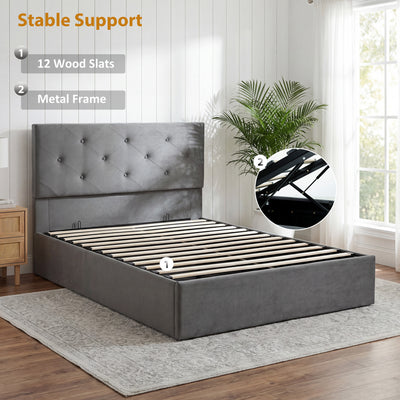 HOMCOM Double Bed Frame Gas Side Lift Under Bed Storage Upholstered Platform Bed Tufted Headboard for 140 x 190 cm Mattress 