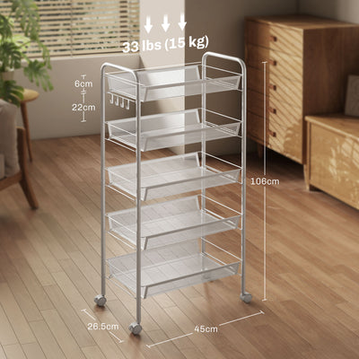 HOMCOM Five-Steel Mesh Basket Storage Trolley, with Wheels - White 