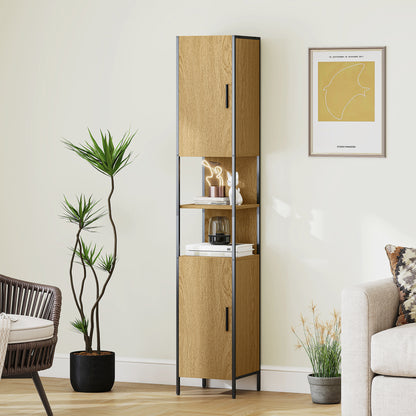 HOMCOM Tall Bathroom Cabinet with 2 Doors, Open Compartments and Adjustable Shelves - Natural Wood Finish