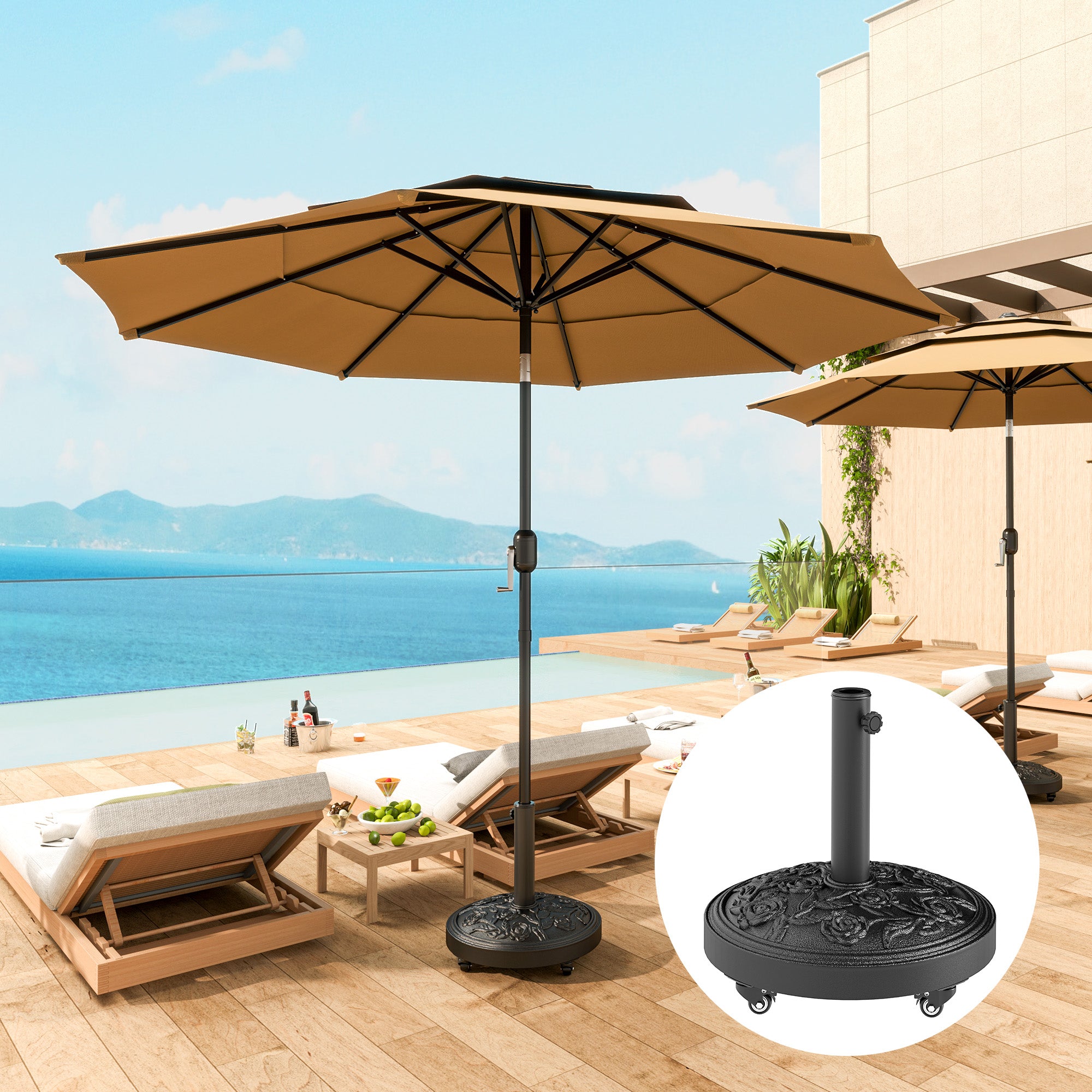 Outsunny Parasol Base, Umbrella Base with Wheels Cast Iron Effect, for Umbrella, Canopy, Weather Resistant, Black 