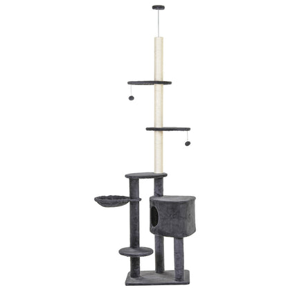 PawHut Floor to Ceiling Cat Tree for Indoor Cats Play Tower Climbing Activity Center Scratching Post Platforms Condo Adjustable Height 220-265cm Dark Grey 