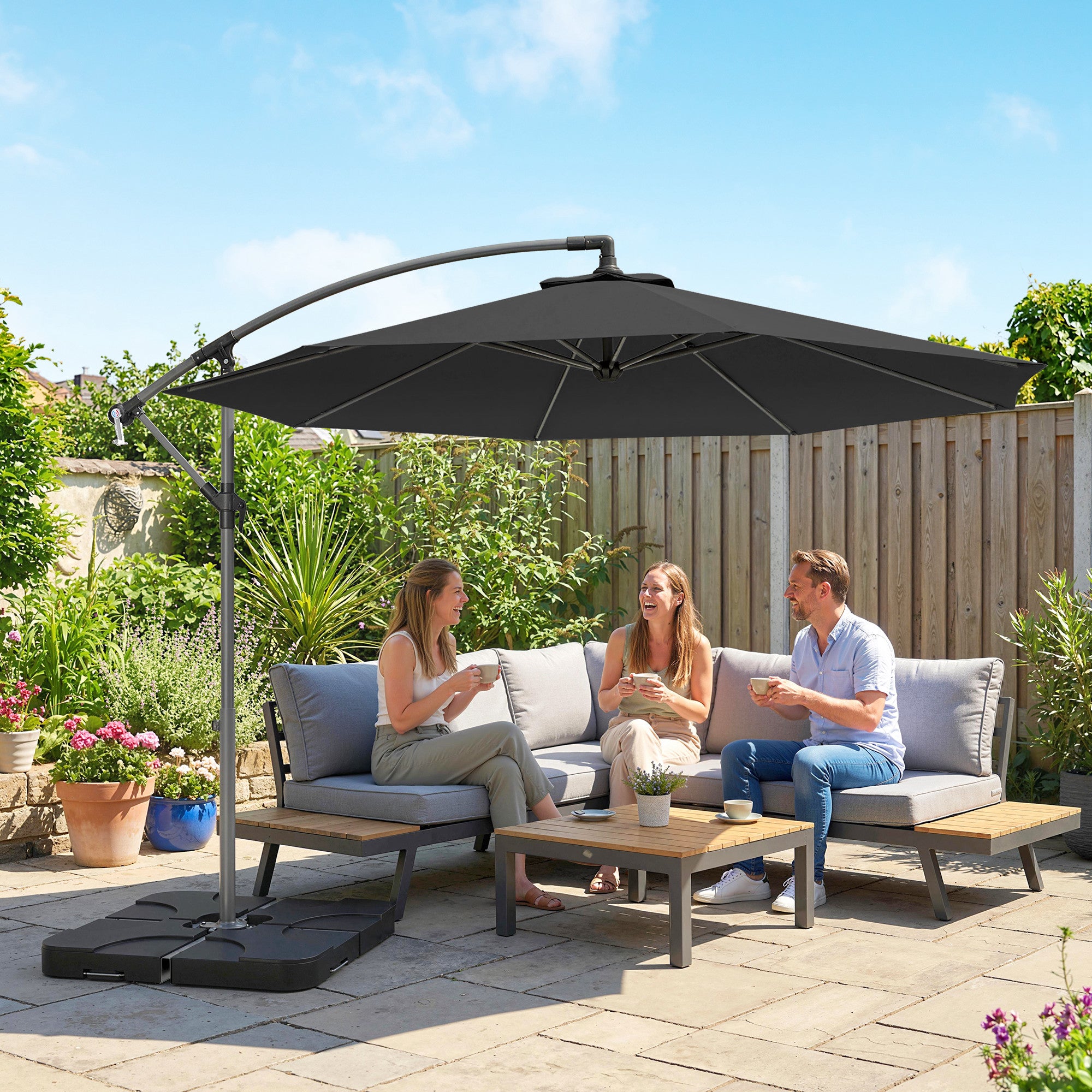 Outsunny 3m Overhanging Parasol, with Base, Weights and Cover - Black 