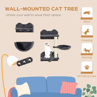 PawHut 4PCs Wall-Mounted Cat Shelves w/ Scratching Post, Hammock, Nest - Dark Grey 