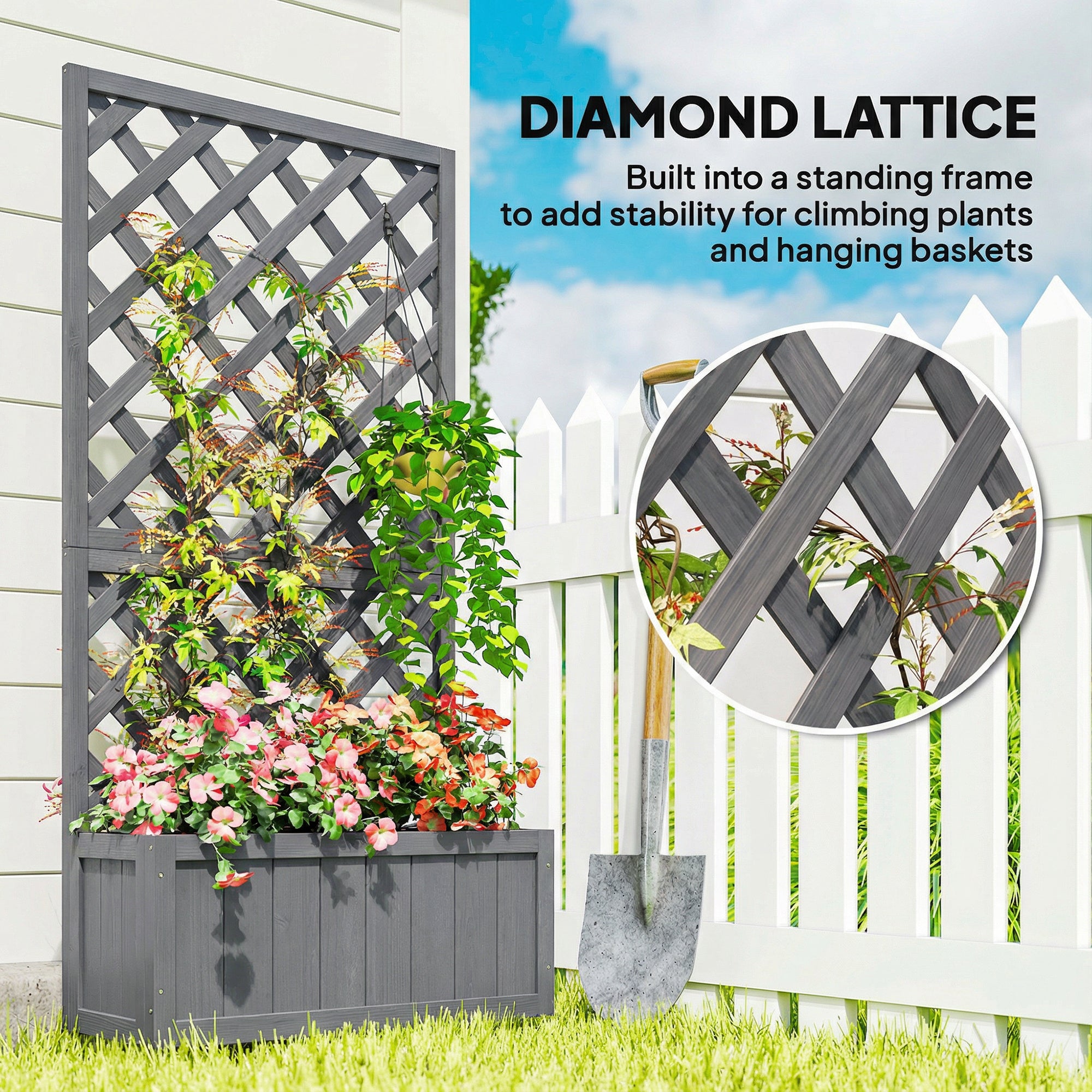 Outsunny Wood Planter with Trellis for Climbing Plants, Raised Bed, Planter Box with Drainage Holes to Grow Herbs Flowers, Grey 