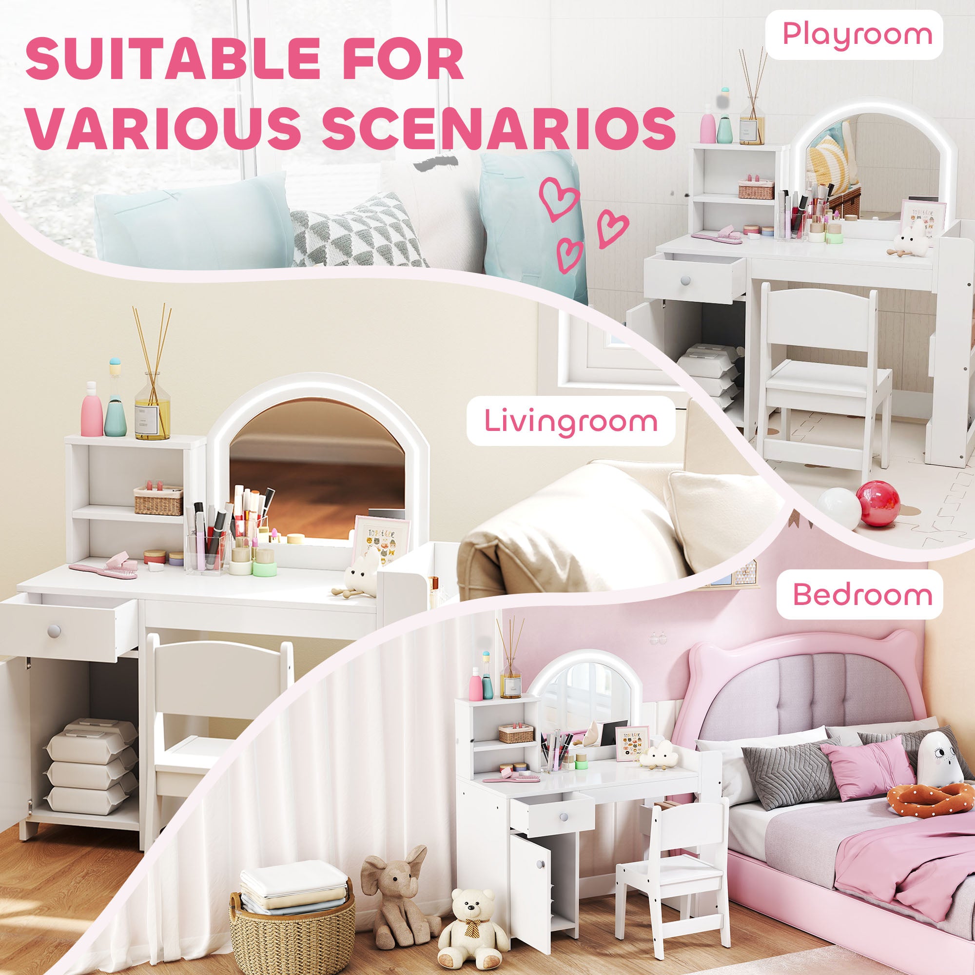AIYAPLAY Kids Vanity Table and Chair Set, Girls Dressing Table with 2-Colour LED Mirror, Stool, Cabinet, Drawer, Shelves, White 