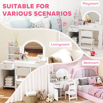AIYAPLAY Kids Vanity Table and Chair Set, Girls Dressing Table with 2-Colour LED Mirror, Stool, Cabinet, Drawer, Shelves, White 