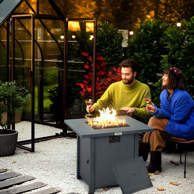 Outsunny Rattan-style Propane Gas Fire Pit Table with 40,000 BTU Burner, Square Smokeless Firepit Patio Heater with Thermocouple, Lava Rocks, Waterproof Cover, Spark Guard and Lid, Grey 