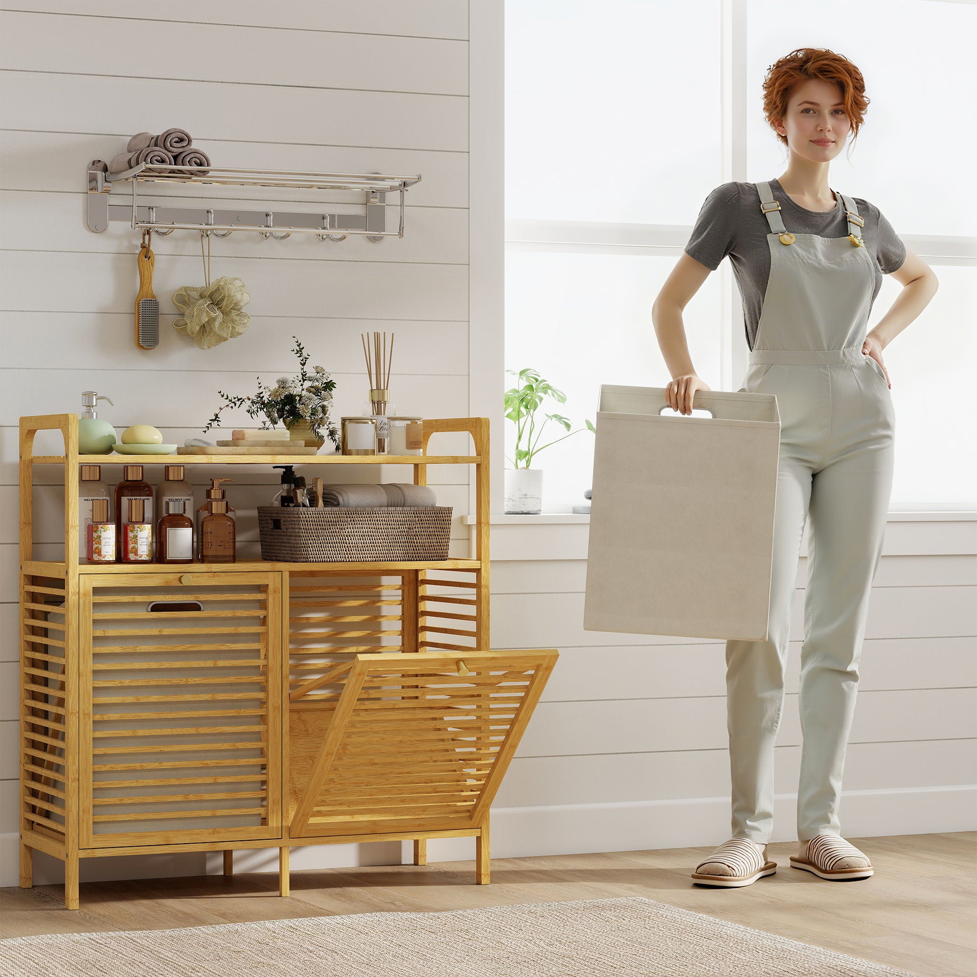 HOMCOM Double Tilt Out Bamboo Laundry Cabinet, Freestanding Bathroom Cabinet with 2 Removable Baskets, Natural 