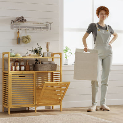 HOMCOM Double Tilt Out Bamboo Laundry Cabinet, Freestanding Bathroom Cabinet with 2 Removable Baskets, Natural 