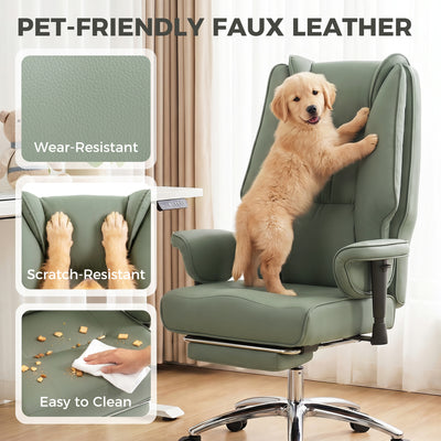 HOMCOM Executive Office Chair, Reclining Desk Chair with Footrest, Adjustable Armrests, Pet Friendly Faux Leather, Green
