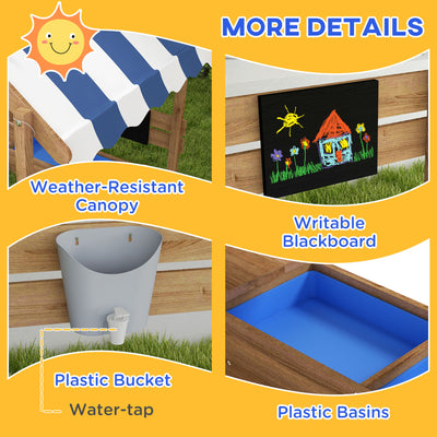 Outsunny House-Designed Wooden Sandbox, Outdoor Sandpit, with Blackboard, Toys, Sink, Seats, Flags, for Ages 3-7 Years - Brown 