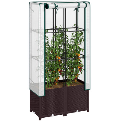 Outsunny Raised Garden Bed with Trellis, Plastic Planter Box with Drainage Holes and Drain Plugs for Climbing Plants, Vegetables, Flowers, 80 x 40 x 140 cm 
