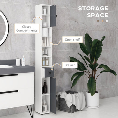 kleankin 180cm Slim Bathroom Cabinet, with Drawer, Shelves and Cupboards - Grey 