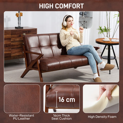 HOMCOM Compact 2 Seater Sofa, Vintage Tufted Loveseat Sofa with Solid Wood Legs, PU Leather Small Couch Settee for Living Room, Bedroom, Home Office, 133 x 81 x 78.5 cm, Brown 