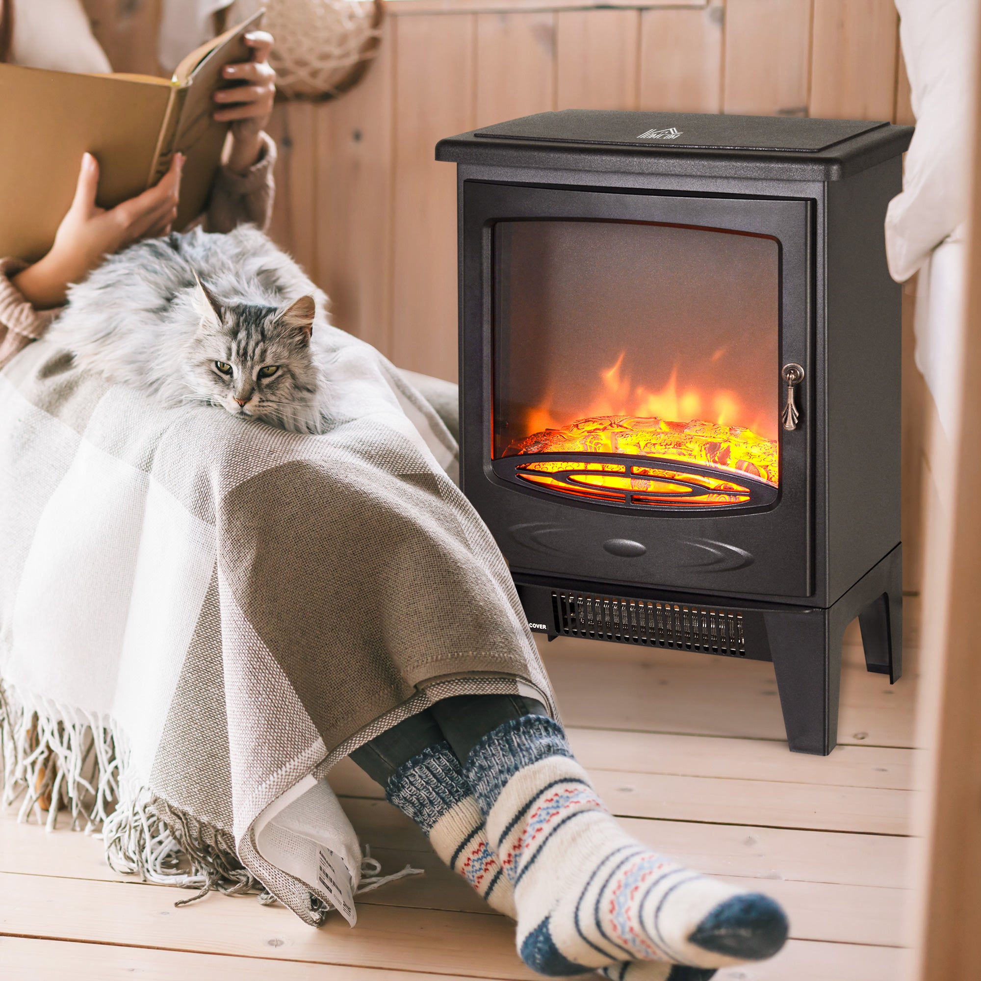 HOMCOM Tempered Glass Casing Electric Fireplace, Freestanding Electric Fire with Realistic Flame Effect, Log Burner with Overheat Protection, 950w/ 1850W, Black 