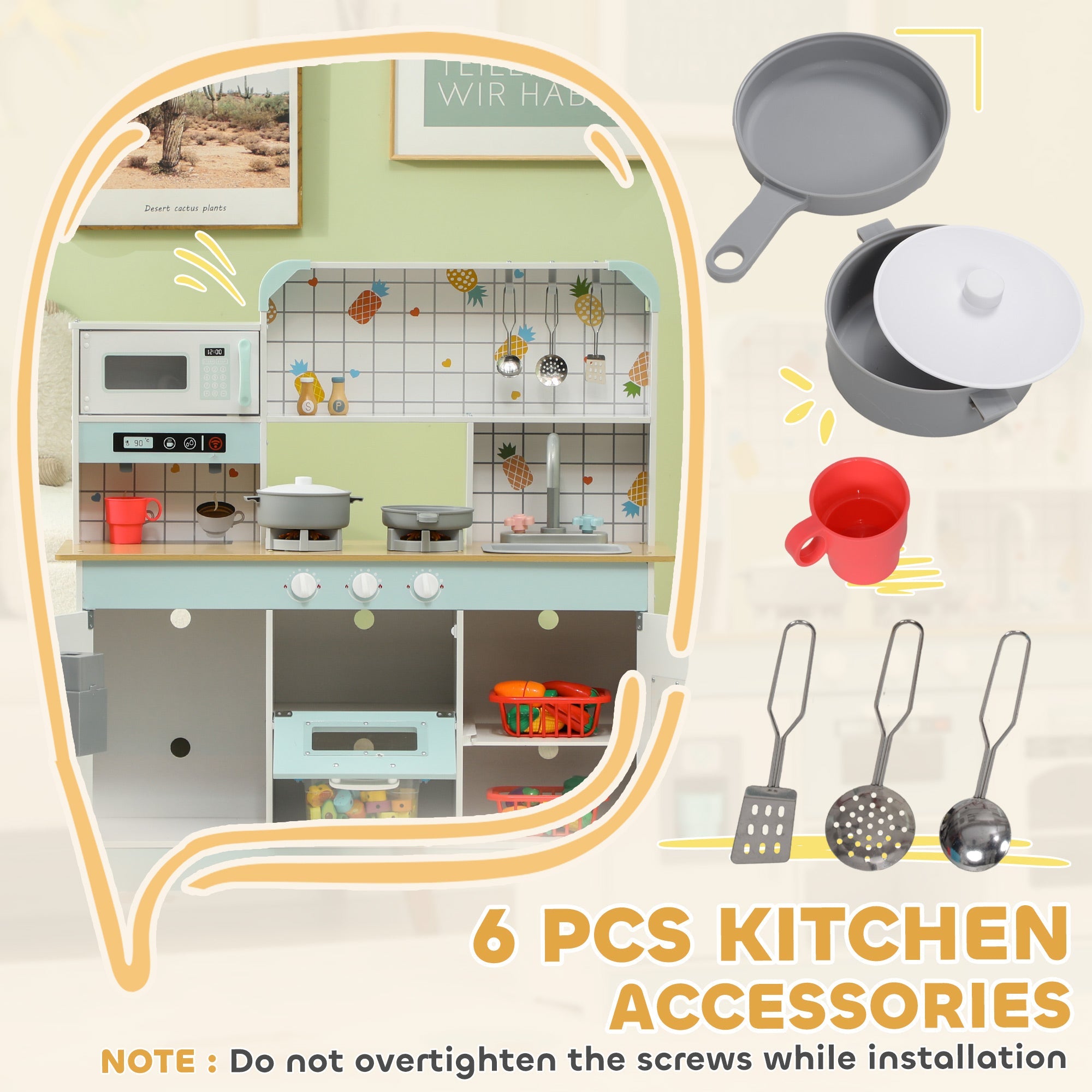 AIYAPLAY Toy Kitchen, Pretend Role Play Kitchen with Hob, Sound and Light, Coffee Machine, Ice Maker, Microwave 