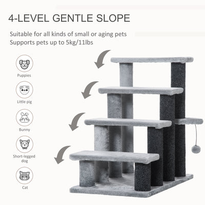 PawHut 4-step Pet Stairs with Scratching Posts, Platforms, Toy Ball, Grey 
