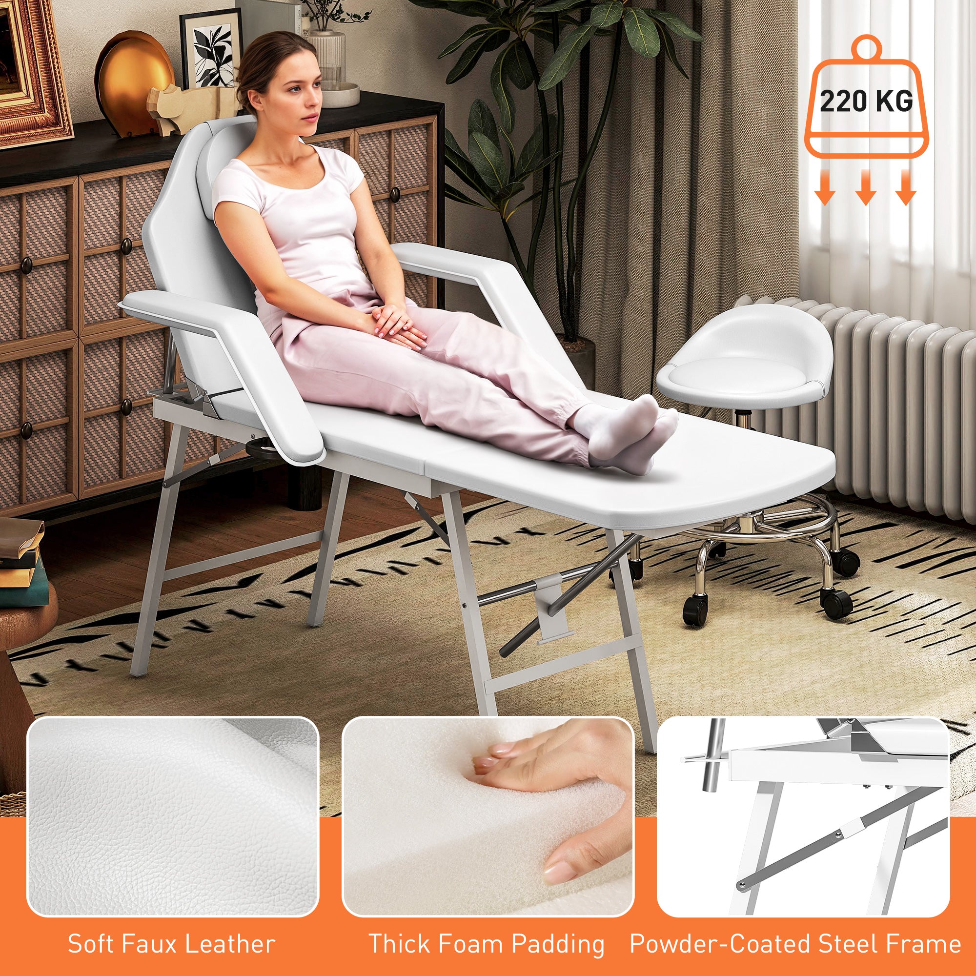 HOMCOM Portable Massage Table, 3 Section Adjustable Beauty Bed, Foldable Massage Bed with Face Hole, Recliner Chair with Removable Headrest and Armrests for Spa, Lash, Tattoo, White