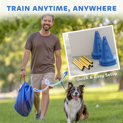 PawHut Dog Agility Equipment Set of Eight Cones, Eight Poles w/ Carry Bag, Four-Piece Adjustable Height Jumping Obstacles Blue 