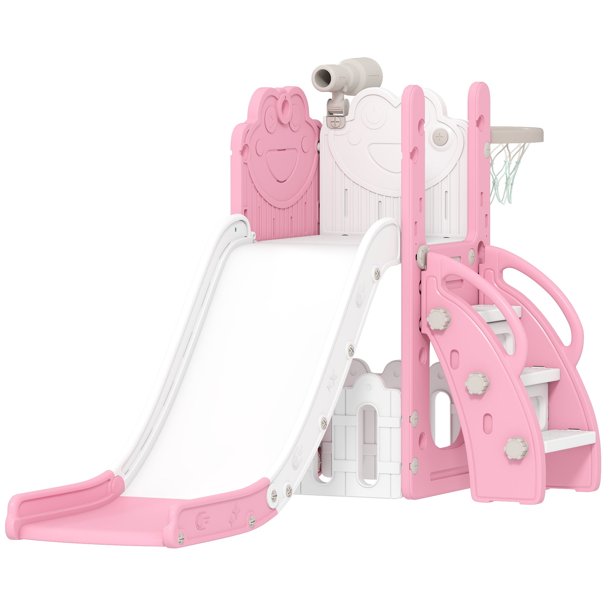 AIYAPLAY 5 in 1 Kids Slide Set with Basketball Hoop, Climbing Frame, Telescope, Storage Box for Toddlers Ages 1-3, Pink 