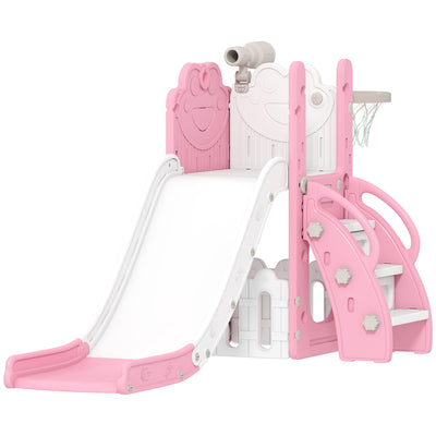 AIYAPLAY 5 in 1 Kids Slide Set with Basketball Hoop, Climbing Frame, Telescope, Storage Box for Toddlers Ages 1-3, Pink 