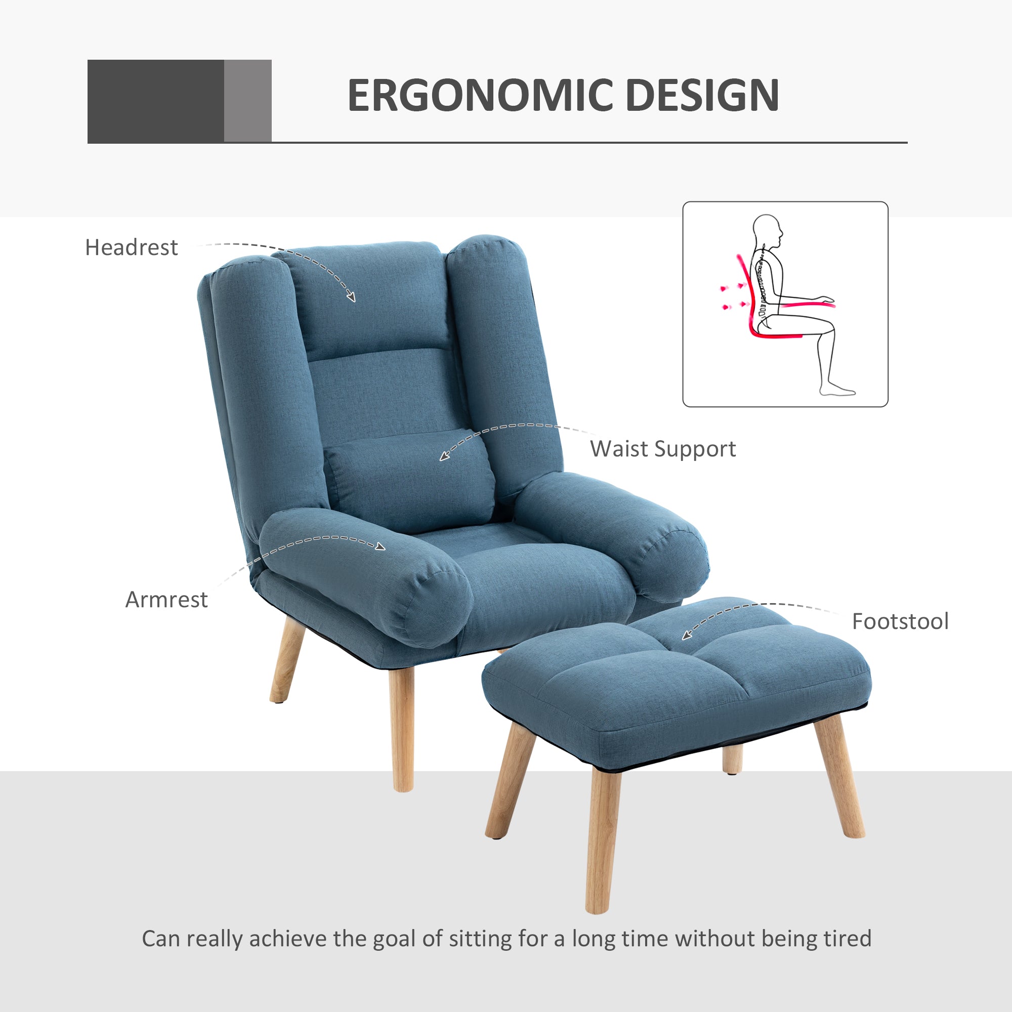 HOMCOM Armchair with Footstool, 180\'c2\'b0 Recliner with Ottoman, Accent Chair and Footstool with 3-Position Adjustable Backrest and Wooden Legs for Living Room, Blue