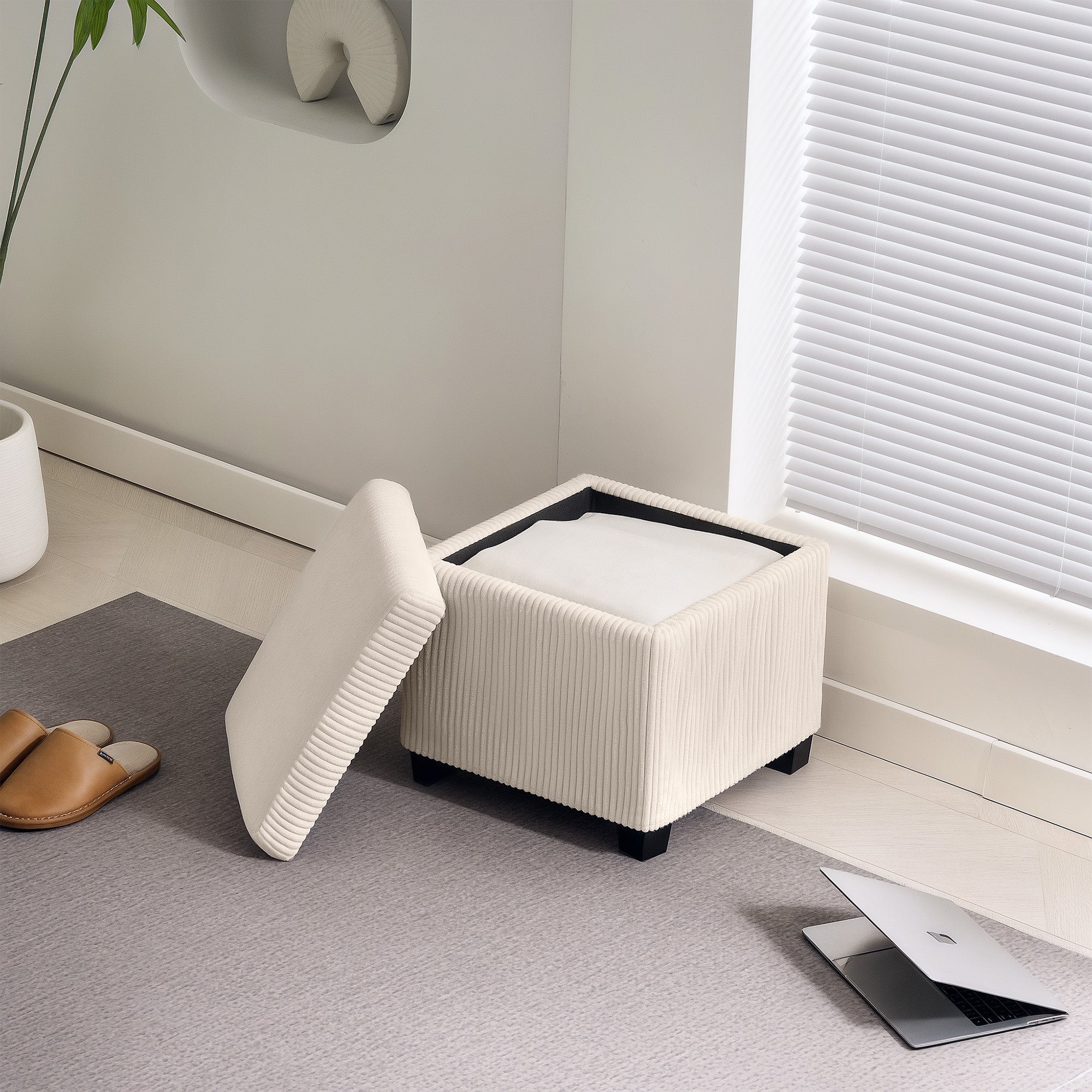 HOMCOM Storage Ottoman Bench, Corduroy Footstool with Removable Lid and Legs, 40cm Storage Chest Box for Living Room, Bedroom, Hallway, Beige 