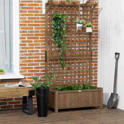 Outsunny Raised Bed with Drainage Holes, Wood Planter with Trellis for Climbing Plants to Grow Vegetables, Flowers, Brown 
