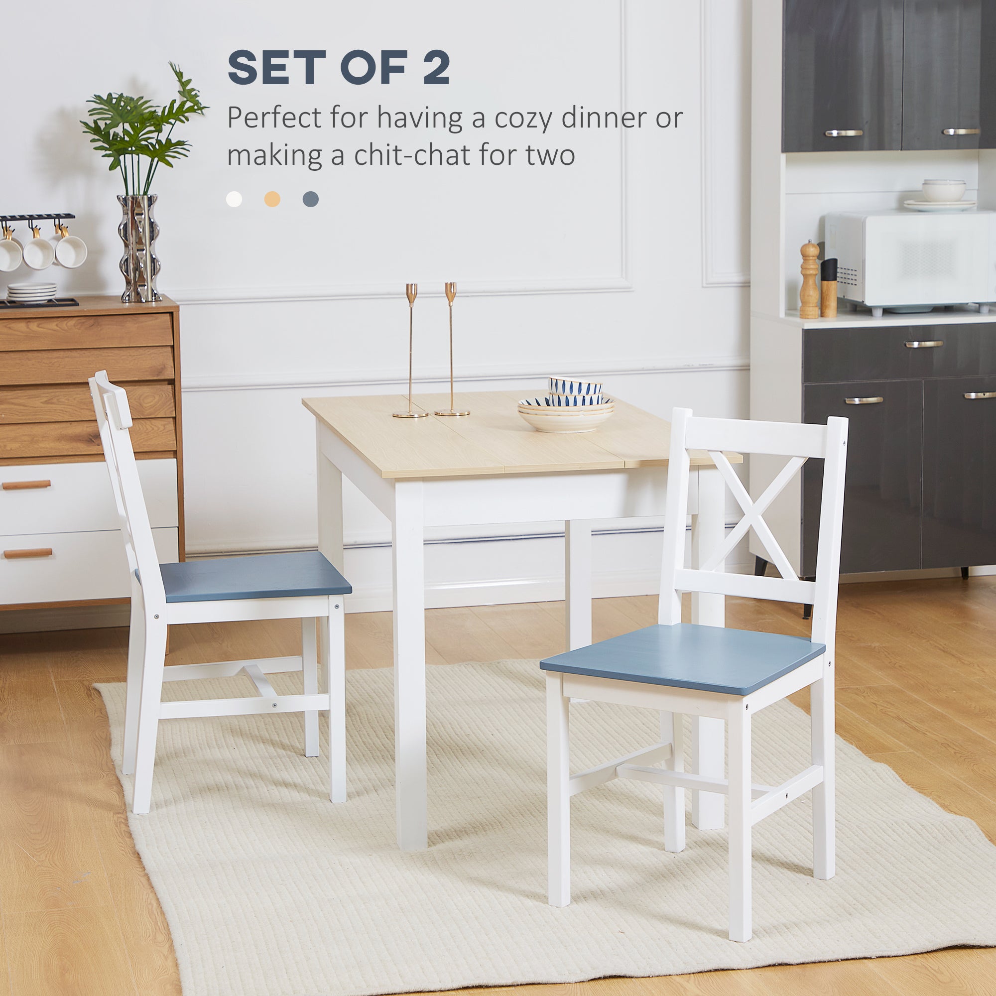HOMCOM Dining Chairs Set of 2, Pine Wood Kitchen Chairs with Cross Back, Solid Structure for Living Room and Dining Room, White 