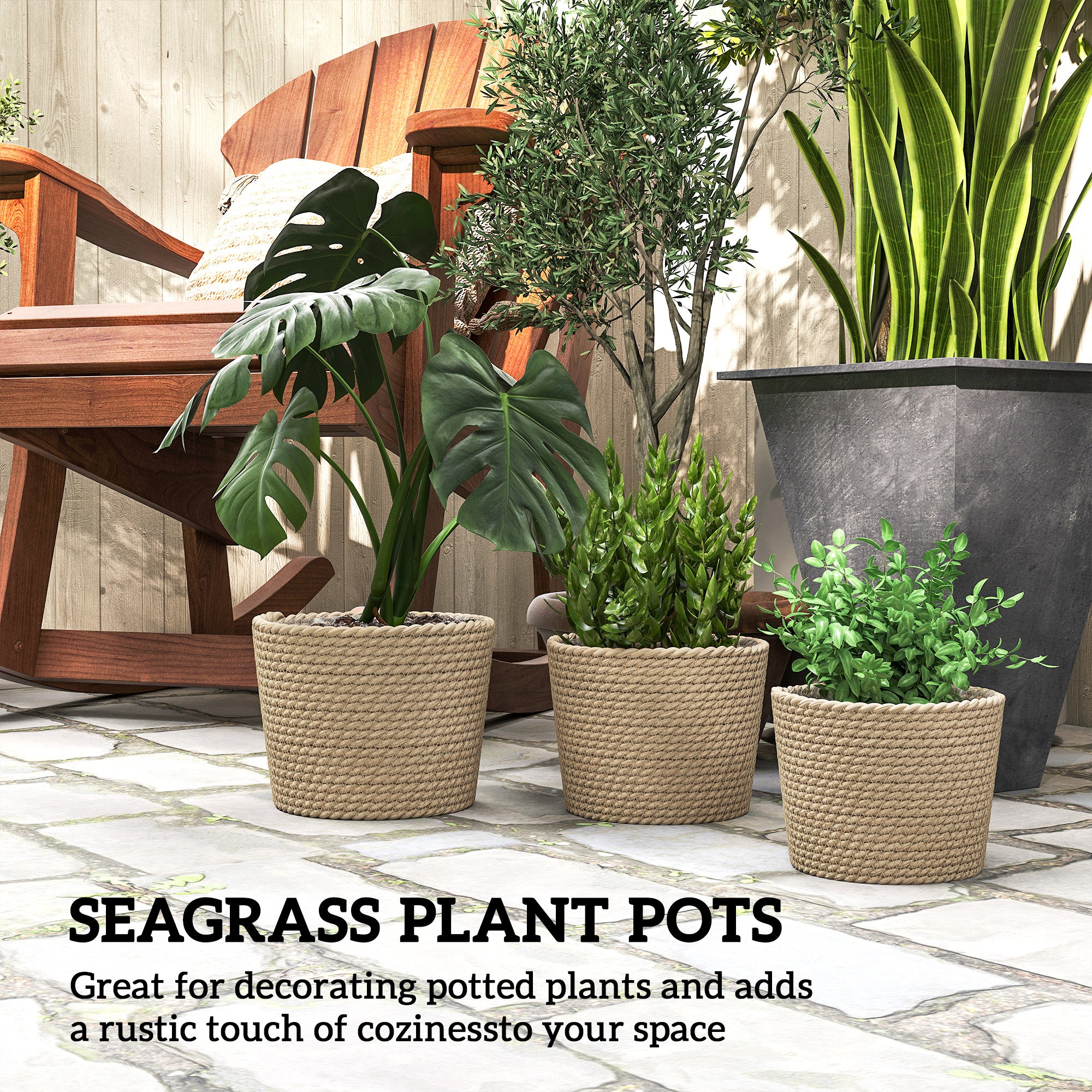 Outsunny Seagrass Planters Set of 3 Plant Pots for Indoor Outdoor Patio Balcony Natural 