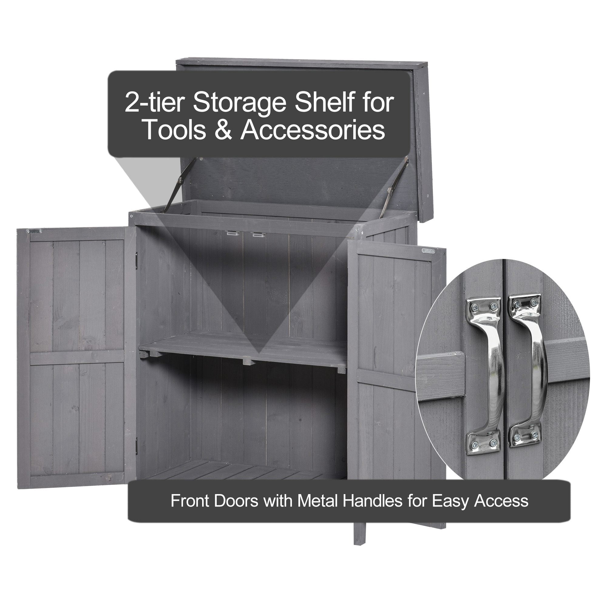 Outsunny Wooden Garden Storage Shed with Hinged Roof and Shelves, Outdoor Storage Cabinet Chest, Double Doors, 74 x 43 x 88cm, Grey 