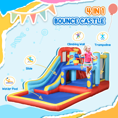 Outsunny 4 in 1 Bouncy Castle, with Slide, Pool, Trampoline, Climbing Wall, Blower - Multicoloured 