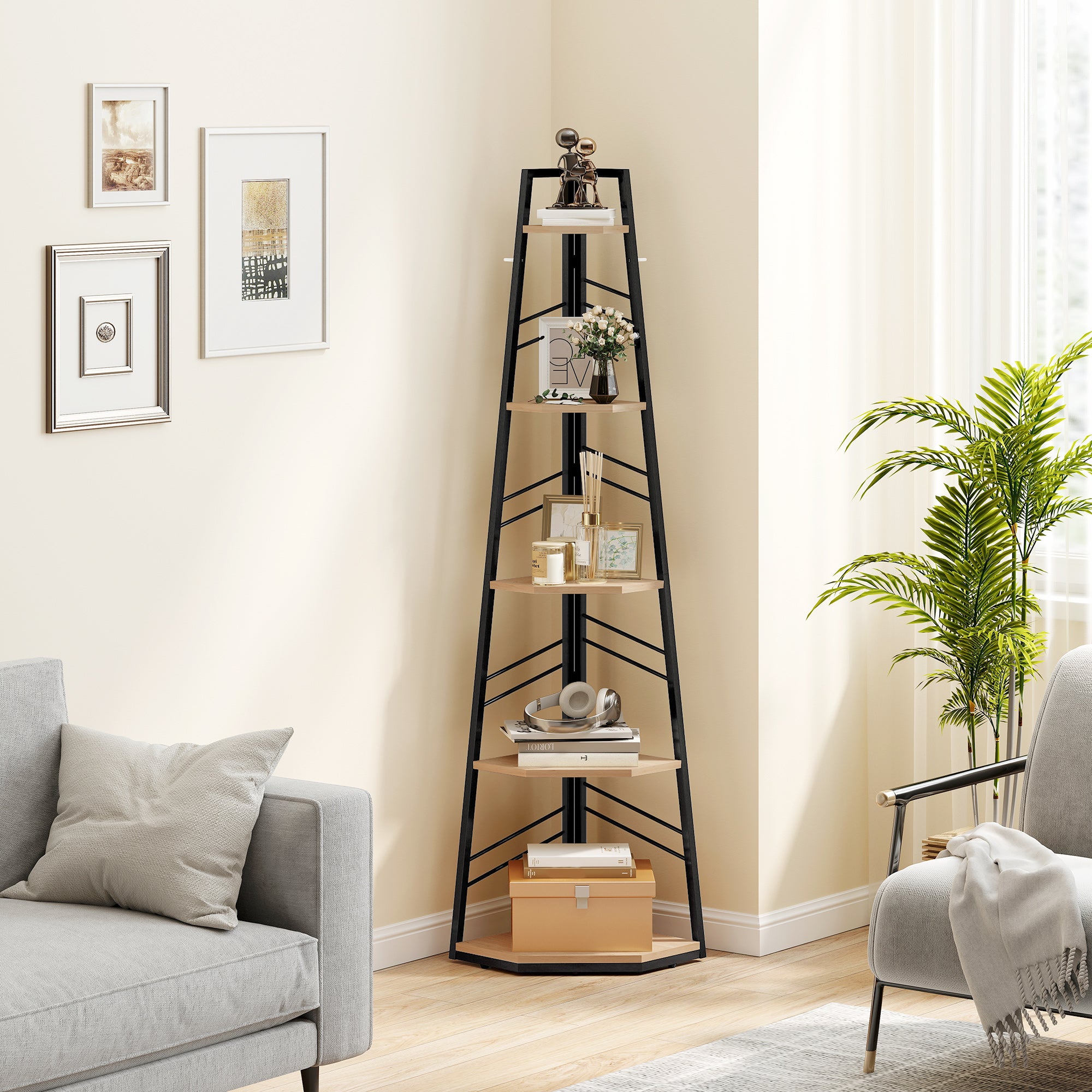 HOMCOM Corner Bookcase, 5-Tier Floor Standing Bookshelf, Shelving Unit for Living Room, Study, Bedroom, Natural Wood Finish 