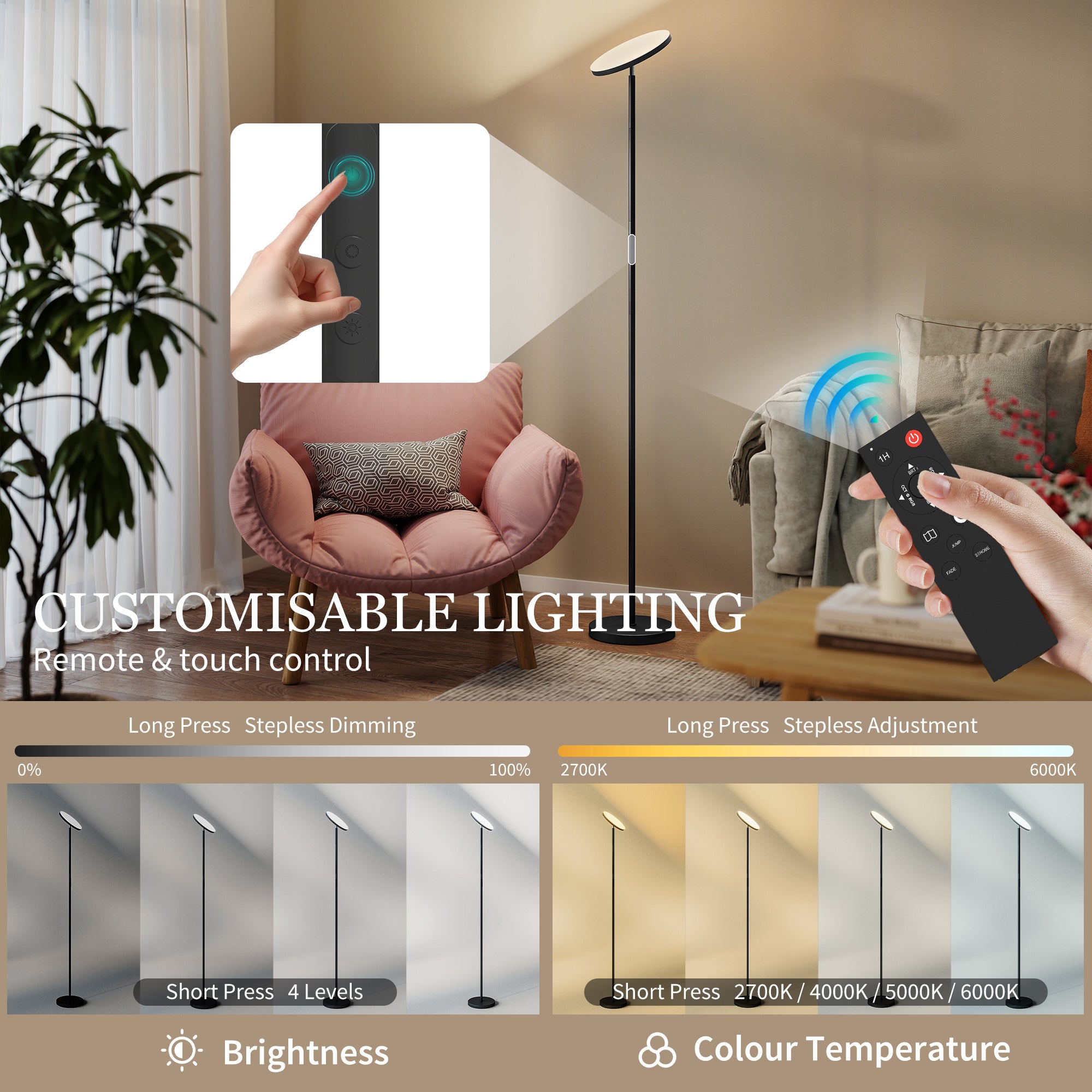HOMCOM RGB Uplighter Floor Lamp, Tall Dimmable Standing Lamp with Remote & Touch Control, 350° Rotatable Head for Living Room Bedroom, 2700K-6000K Colour Temperatures, Black 