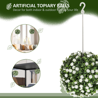 HOMCOM Set of 2 Decorative Artificial Plants, UV-protected Artificial Plant Topiary Rose Balls, Fake Plants for Home Indoor outdoor Decor, 28cm, White 