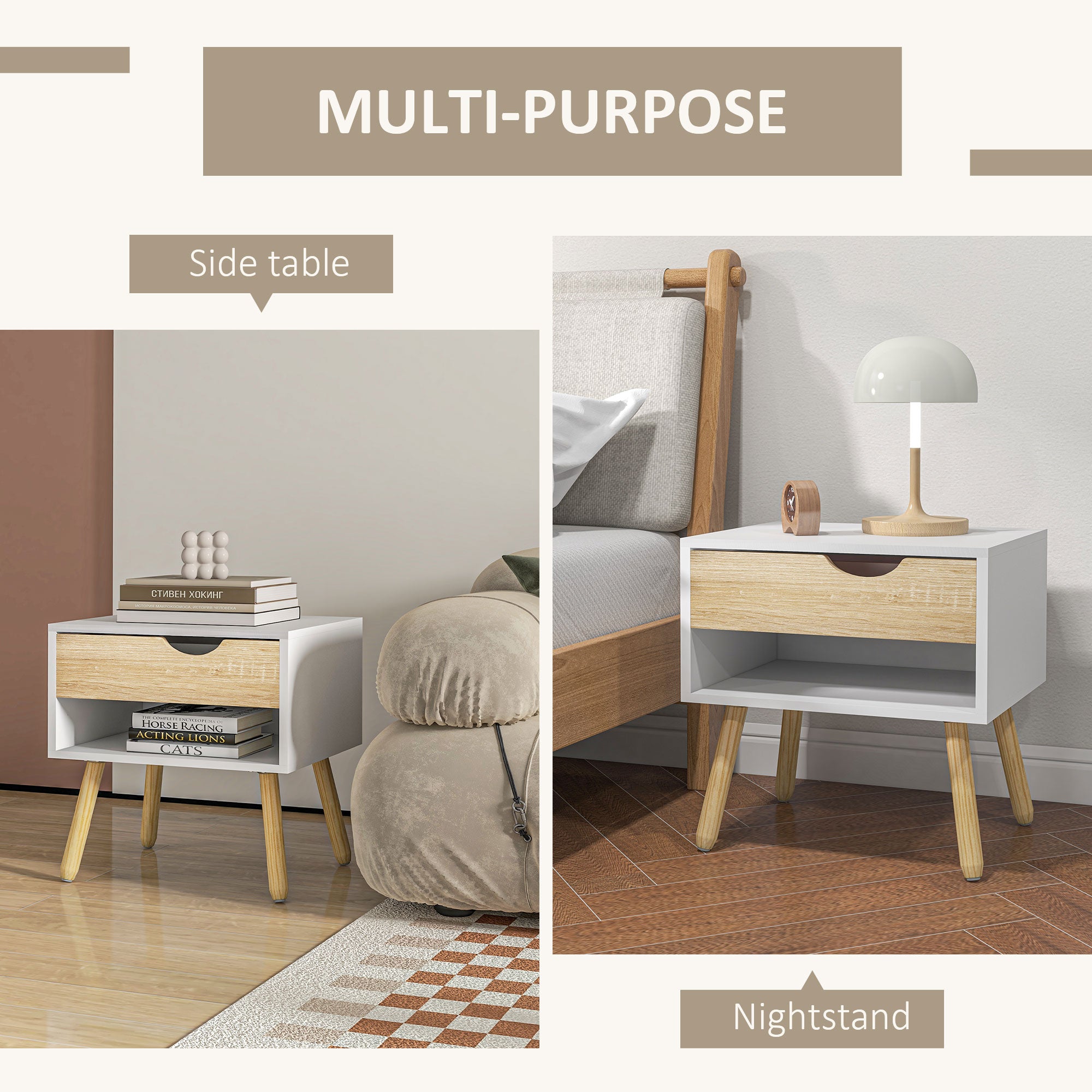 HOMCOM Bedside Table with Drawer and Shelf, Modern Nightstand, End Table for Bedroom, Living Room, Set of 2 