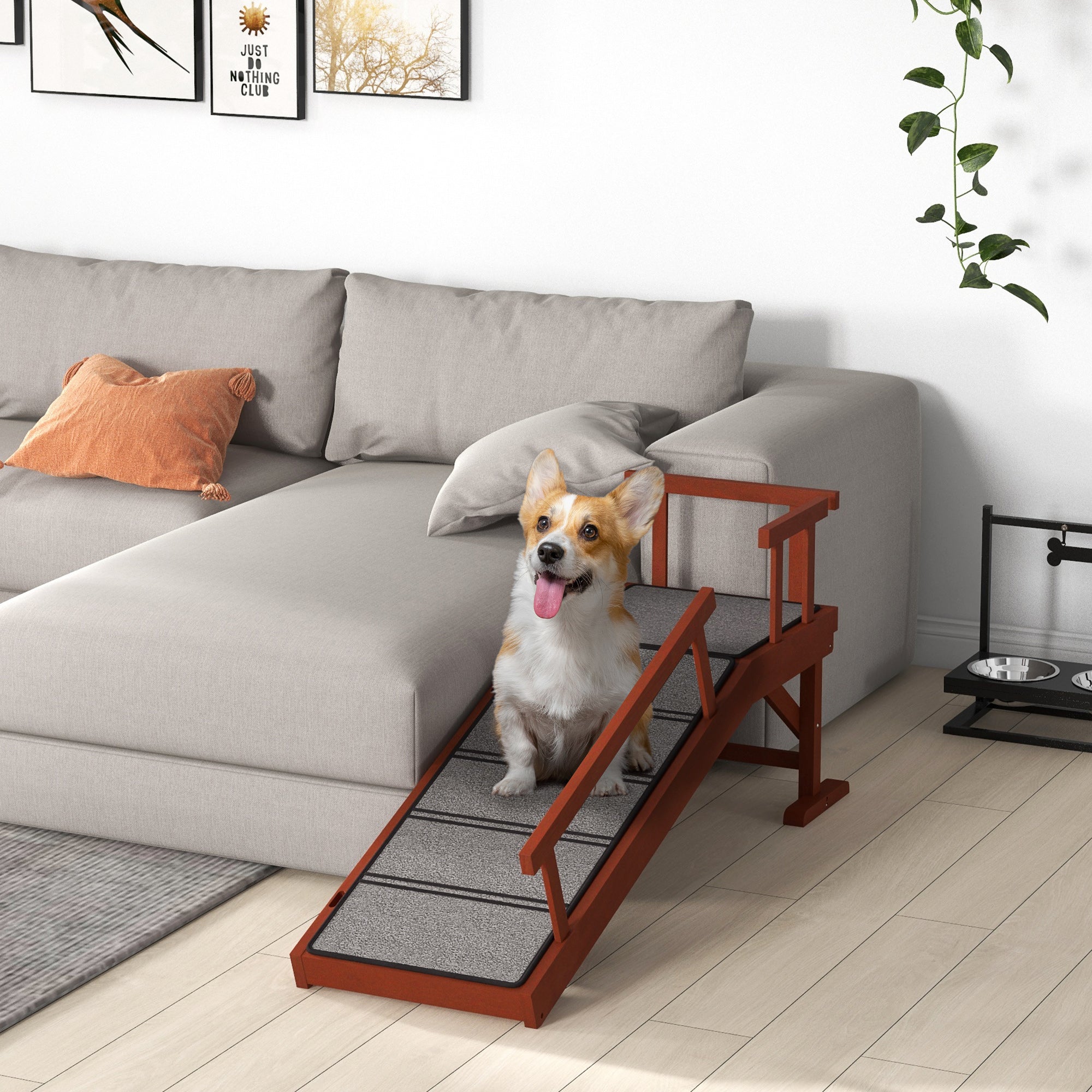 PawHut Wooden Dog Ramp with Removable Guardrails, Non-Slip Surface, 125 cm Long, Brown 