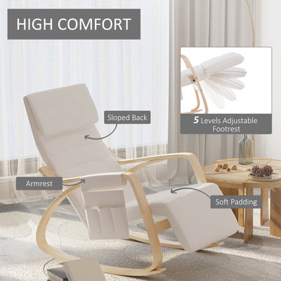 HOMCOM Rocking Lounge Chair Recliner Relaxation Lounging Relaxing Seat with Adjustable Footrest, Side Pocket and Pillow, Cream White 