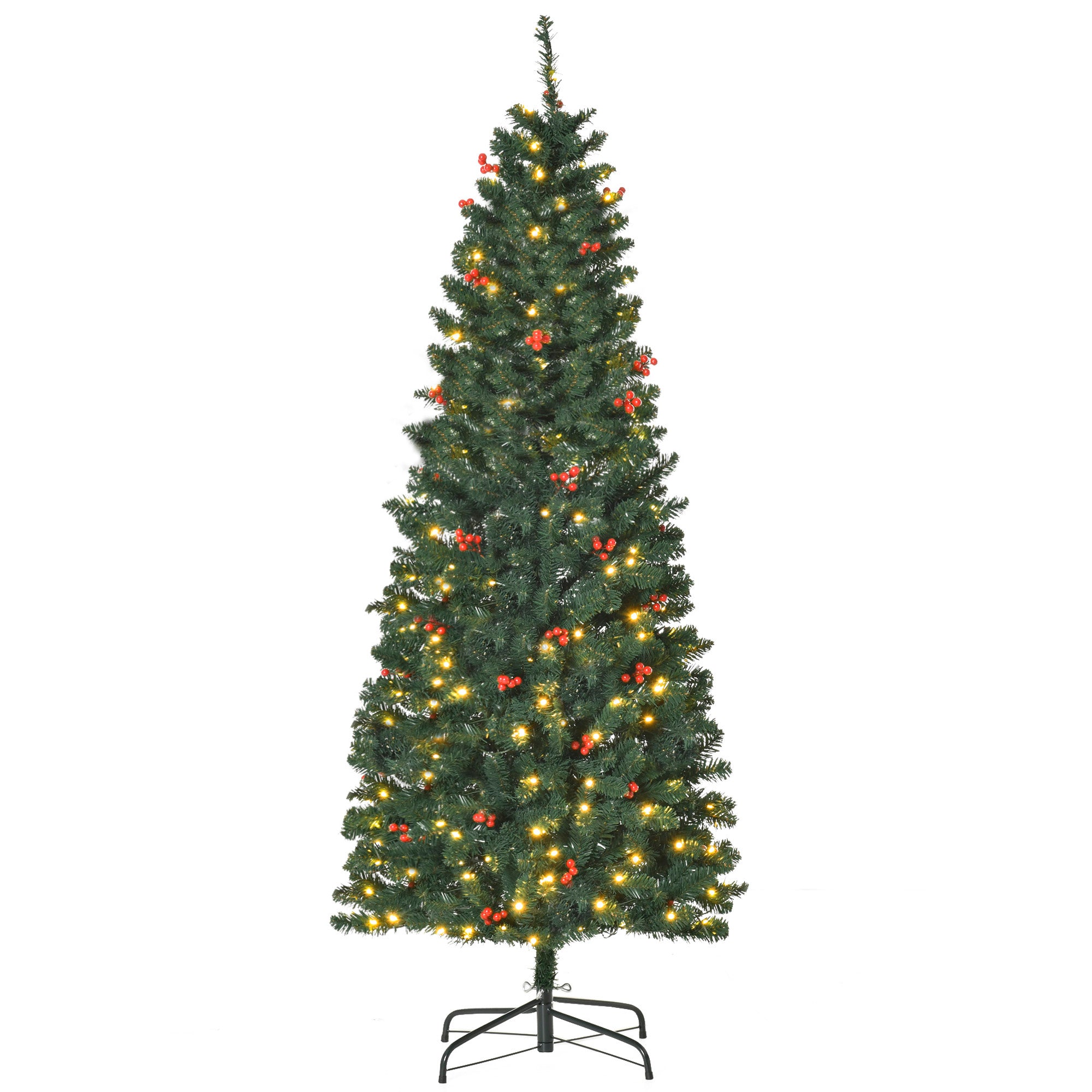 HOMCOM 6FT Prelit Artificial Pencil Christmas Tree with Warm White LED Light, Red Berry, Holiday Home Xmas Decoration, Green 